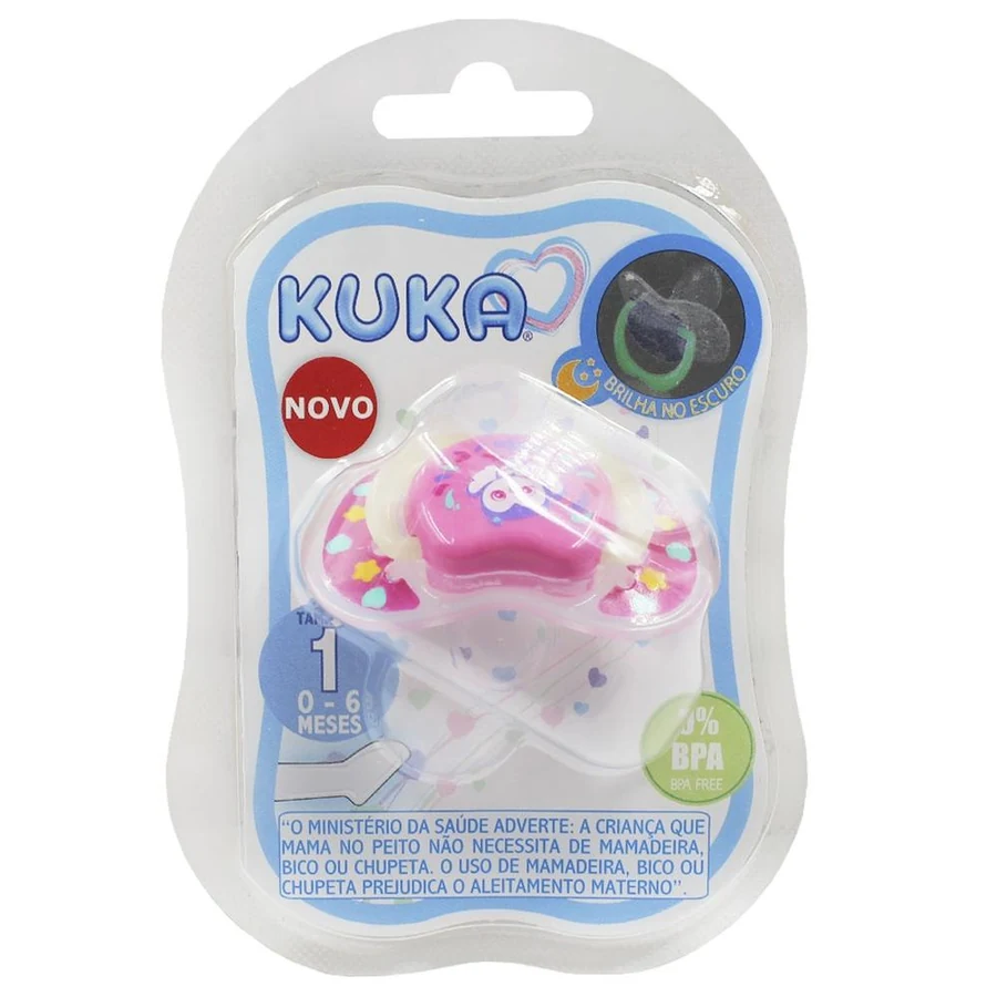 Chupeta Bico Ortodôntico Lumina Brilha no Escuro Kuka Tamanho Nº 1 Rosa com 1 Unidade