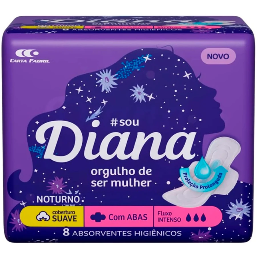 Absorvente Diana Noturno Cobertura Suave com Abas Pacote com 8 unidades -diana