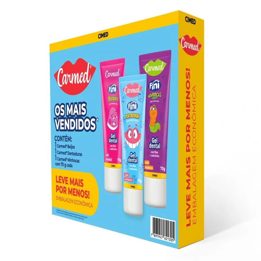 Kit Carmed Fini Gel Dental Beijos 70g + Dentadura 70g + Minhoca 70g
