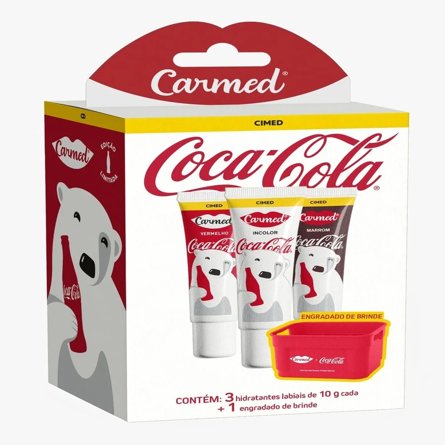 Kit Hidratante Labial Carmed Coca-Cola Cor Vermelho, Incolor e Marrom 10g Cada + Engradado