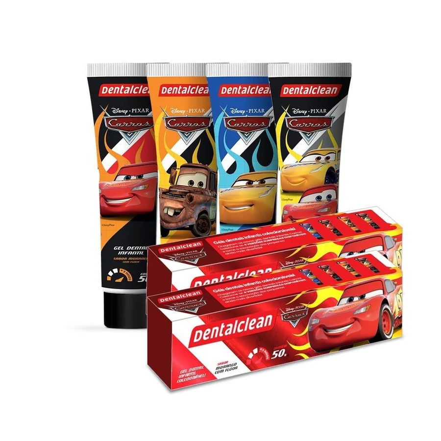 Gel Dental Infantil Dentalclean Carros Sabor Morango com Flúor Sortidos 50g